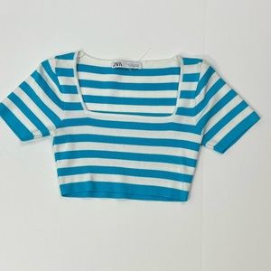 ZARA Womens Cropped Striped T-Shirt Blue White Sz S Stretch Shirt Top